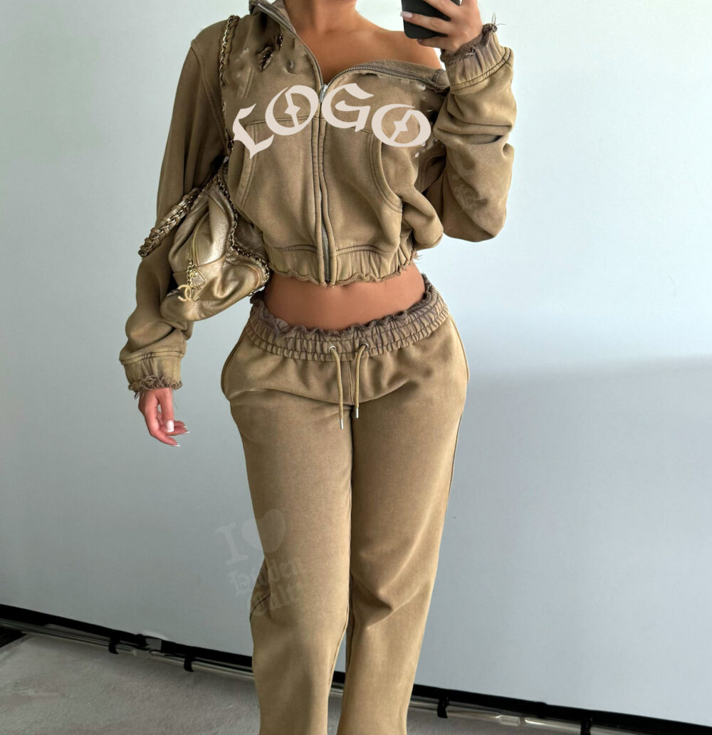 Custom Distressed Womens Sweatsuits Long Sleeve Zipper Sweatshirt Lounge Wear Sweatpants And Hoodie Set 2 Piece Set Women