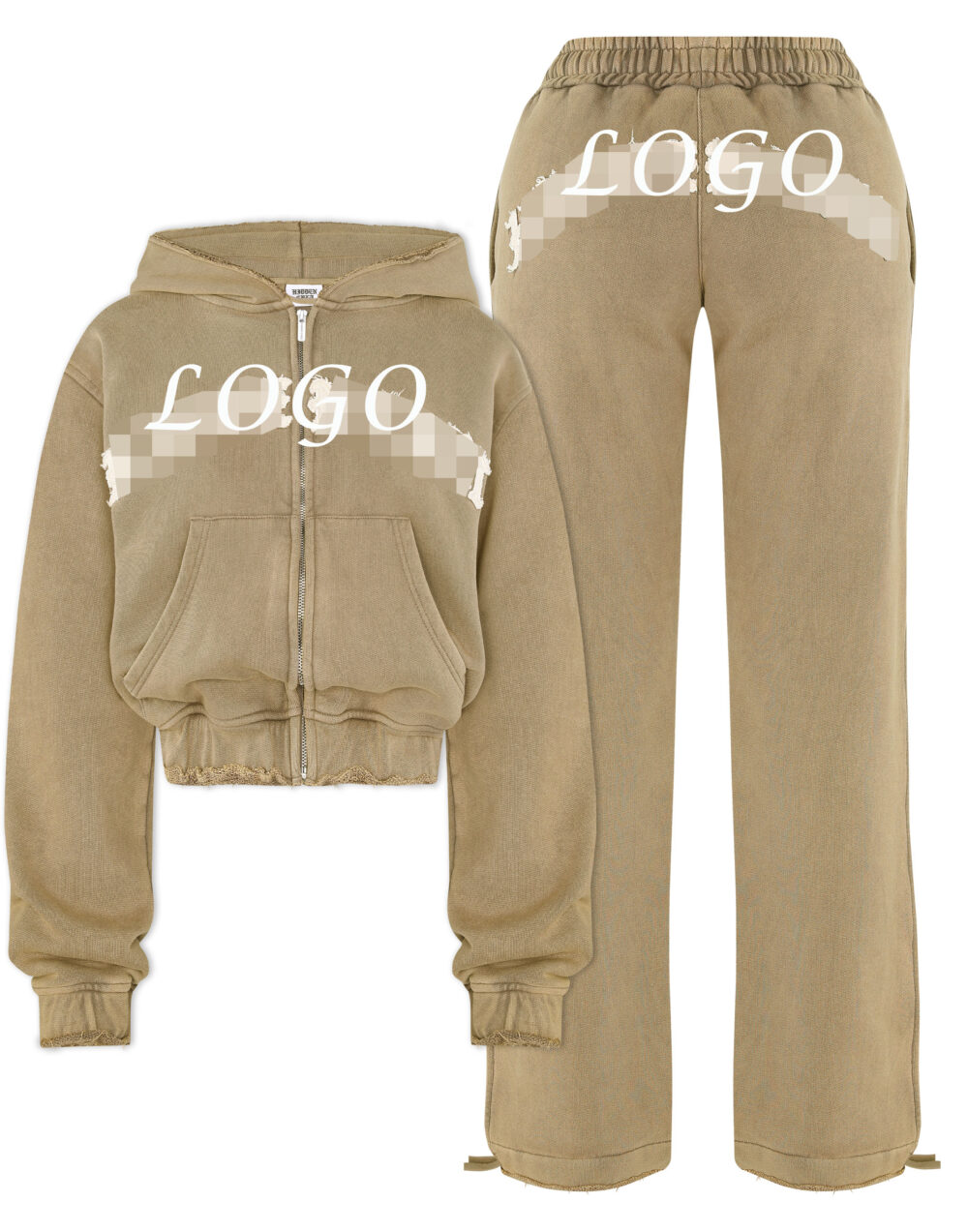 Custom Women's Sweatsuit 2 Piece Outfits Sets Y2k Cropped Zip Up Hoodies Drawstring Sweatpant Fall Distressed Tracksuit