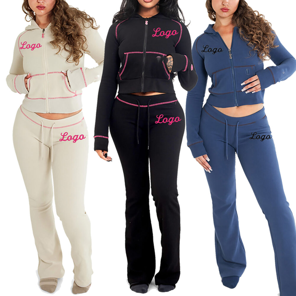 Womens Sets Waffle Two Piece Set Women Clothing Zipper Hoodie Jacket and Wide Leg Flared Pants Tracksuit Sets for Women