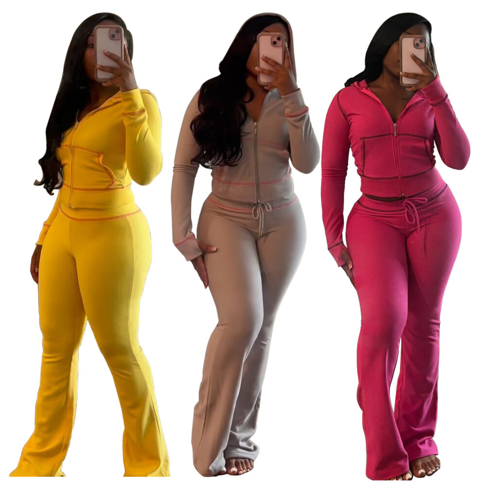 Custom Logo Basics Hoodie Pants Waffle Outfits Summer Set Crop Zipper Hoodie Jacket pants Tracksuit Women's Two Piece Set