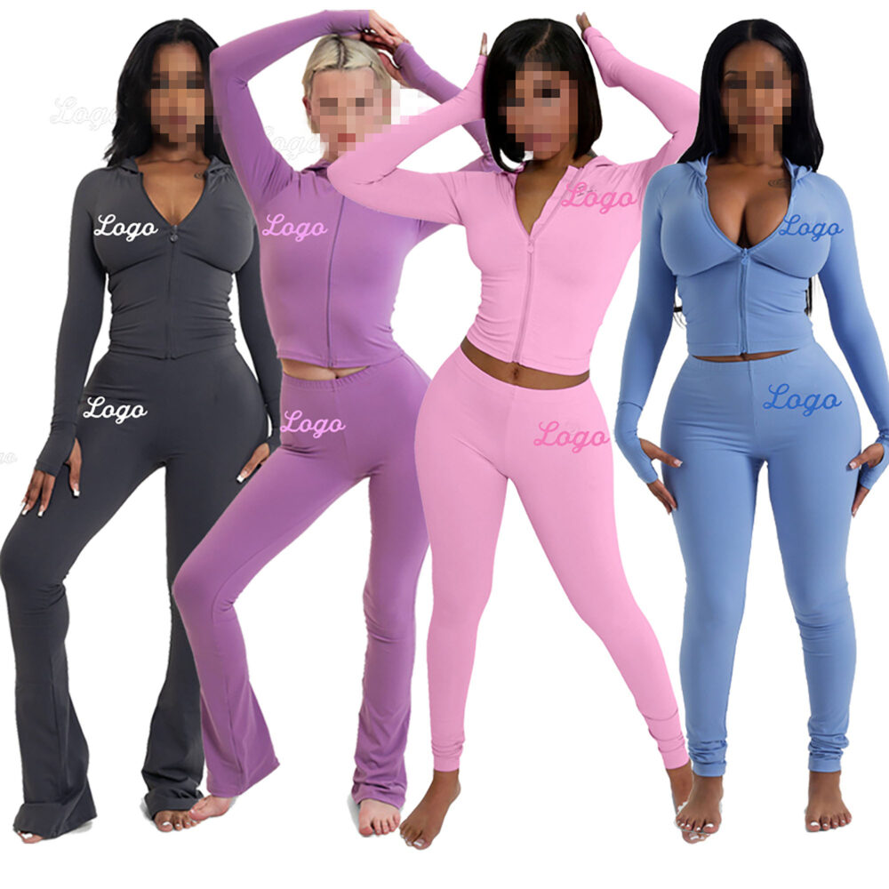 Custom Tracksuit Zip Up Thumb Hole Jacket Top Flare Pants Activewear Woman Sets Women Two Piece Sets Basic Loungewear Set