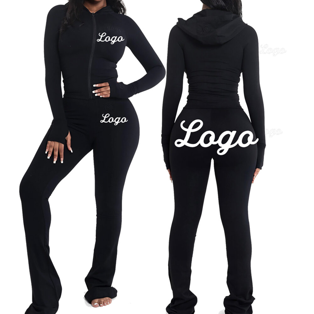Custom Women Activewear Set Two Piece Clothing Basics Skinny Leggings Jogging Suits Flare Pants Hoodies Women Tracksuit Set