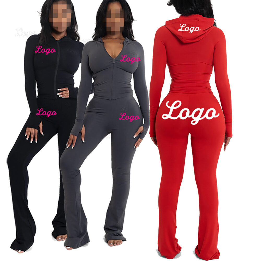 Custom Logo Color Activewear Tracksuit Skinny Flare Pants Zipper Outfits High Stretch Hoodie Two Piece Set for Women Hoodies Body