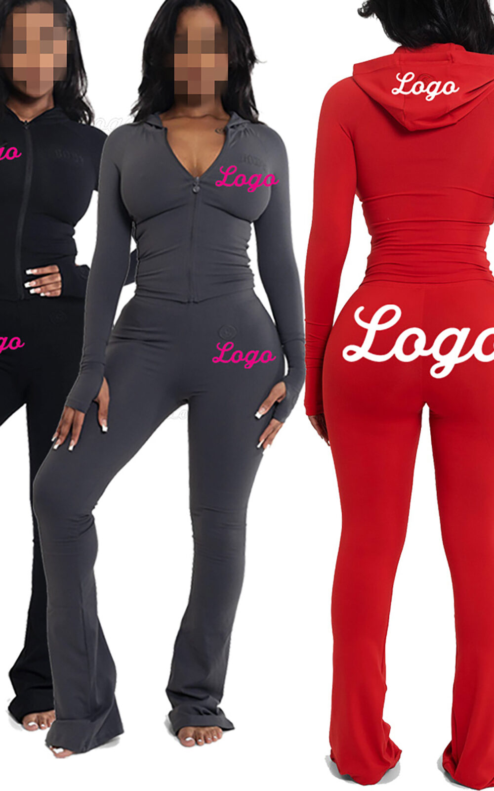 Custom Logo Color Activewear Tracksuit Skinny Flare Pants Zipper Outfits High Stretch Hoodie Two Piece Set for Women Hoodies Body