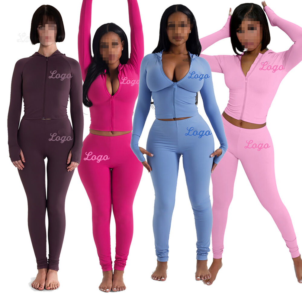 Custom Tracksuit Activewear Women's Clothing Hoodies Body Two Piece Outfits Basics Hoodie And Flare Pants Zip Jacket Women Set